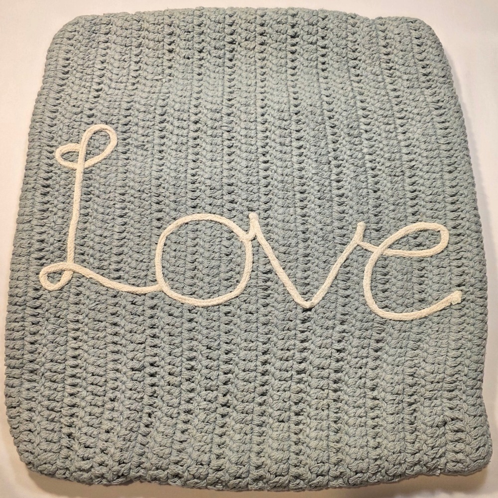 Sage Green Crochet Love Script Throw Pillow Cover Square Zipper Approx 20x20"